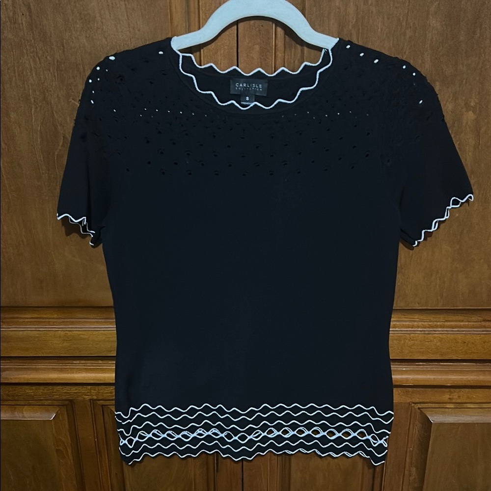Carlisle Black and White Blouse with Scalloped Trim